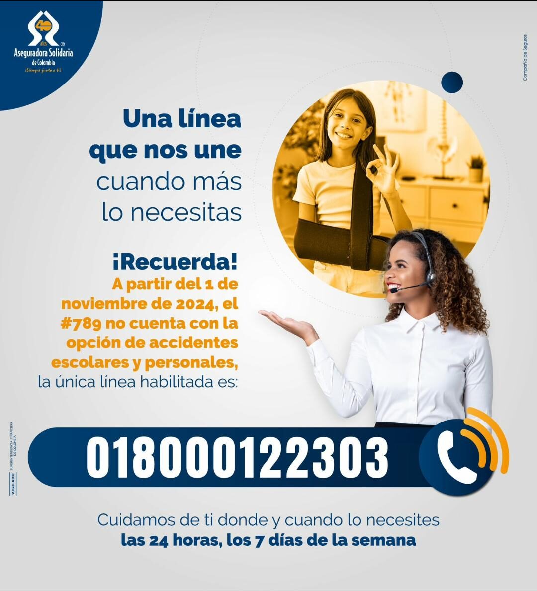 Aseguradora Solidaria de Colombia — A partir del 1 de noviembre de 2024 la única línea habilitada para accidentes escolares y personales es 018000122303, disponible las 24 horas, los 7 días de la semana